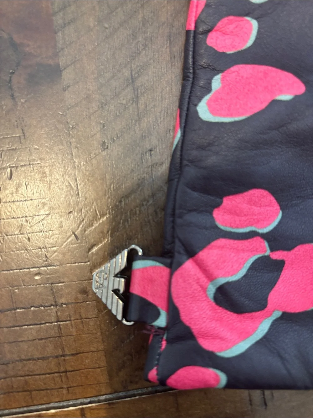 Emporio Armani Black Leather Gloves with Pink & Aqua Floral Spots